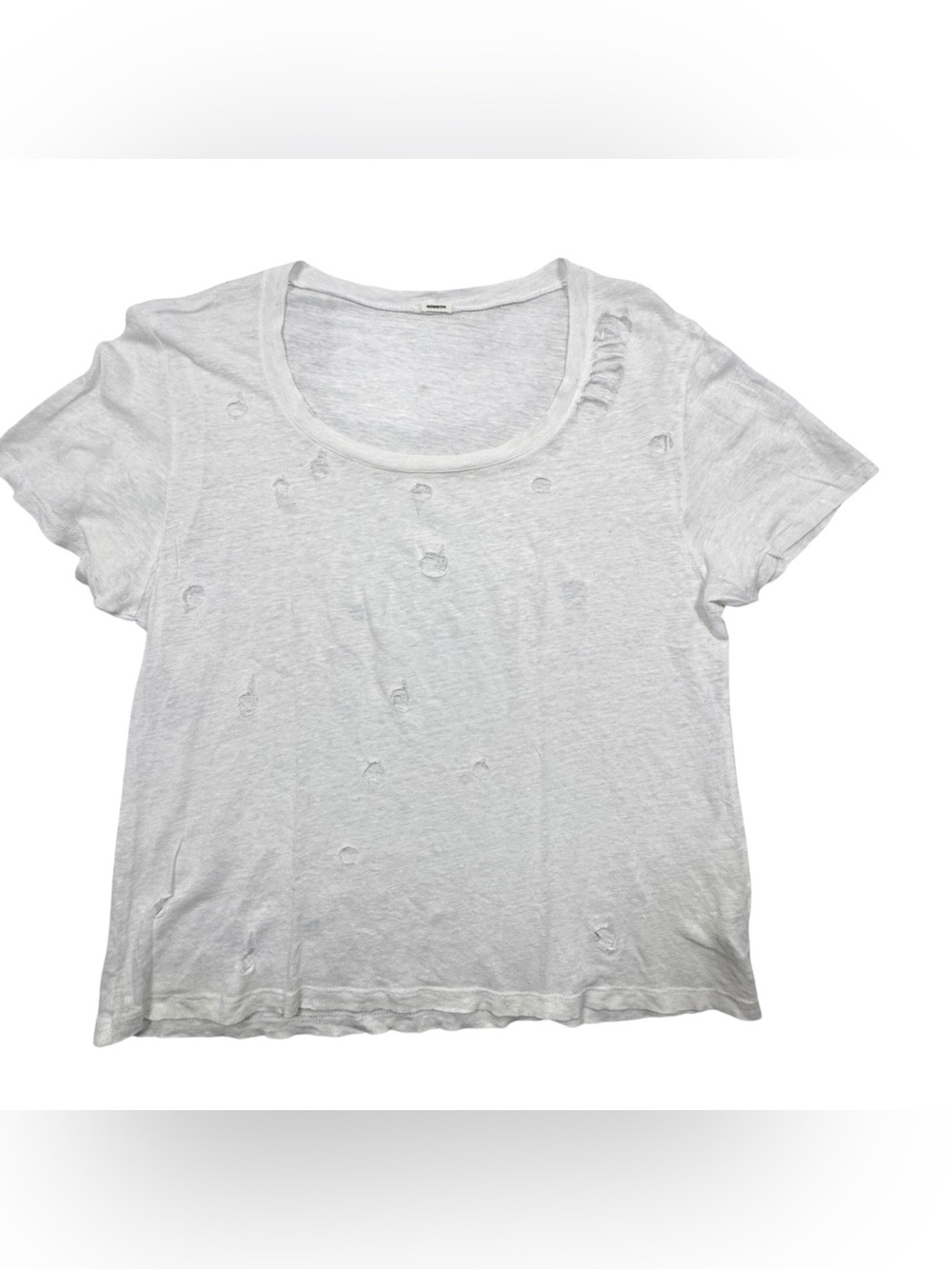 Monrow Holey Thrasher White 100% Linen T-Shirt Top Size Large L